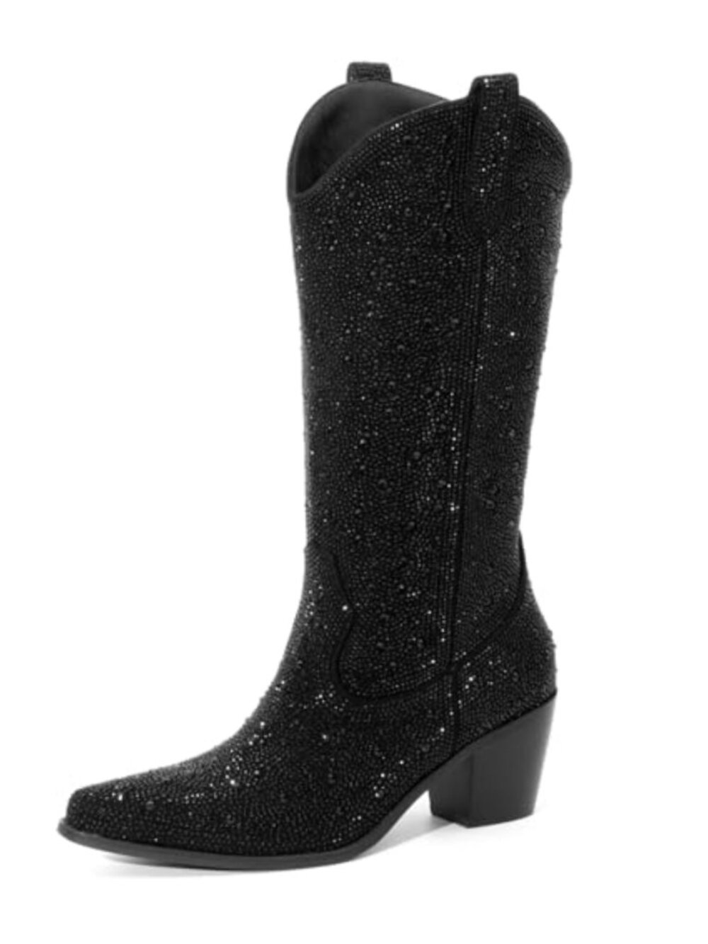 Rhinestone Cowboy Boots Mid Calf Pointed Toe Sparkly Block Heel Faux Suede
